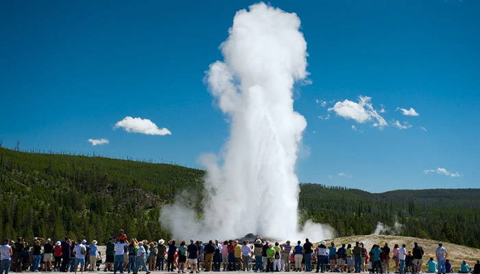 A geyser erupting while a large group watches