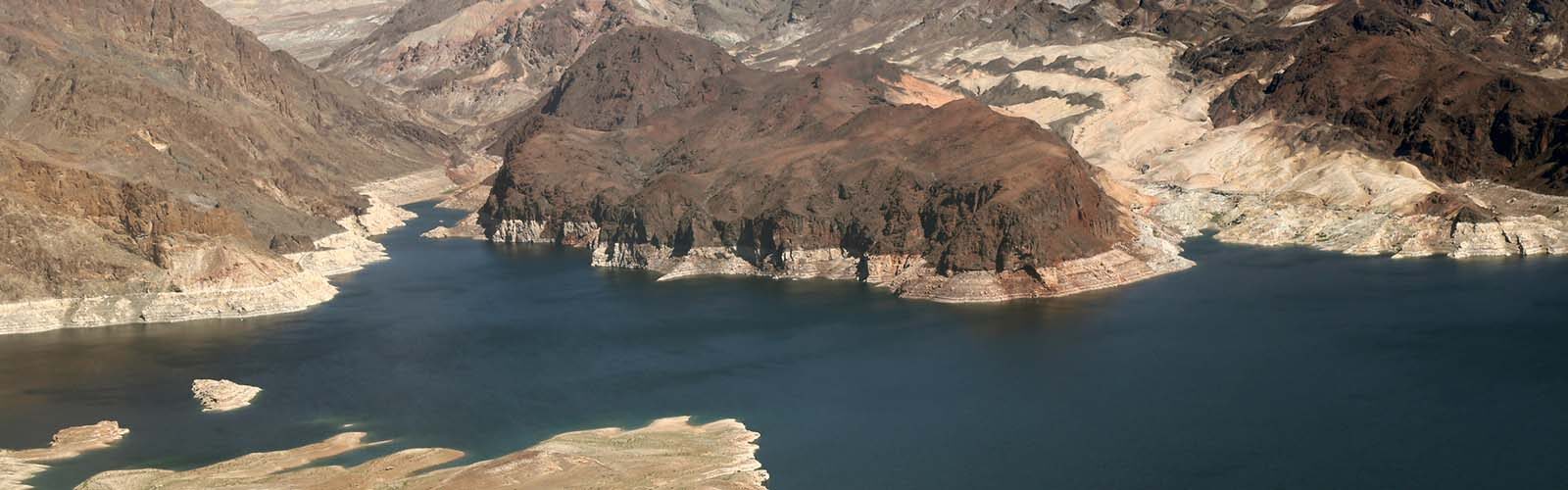 Aerial view of the Lake Mead Reservoir showing signs of drought