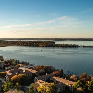 Aerial view overlooking the UW–Madison Lakeshore Nature Preserve.