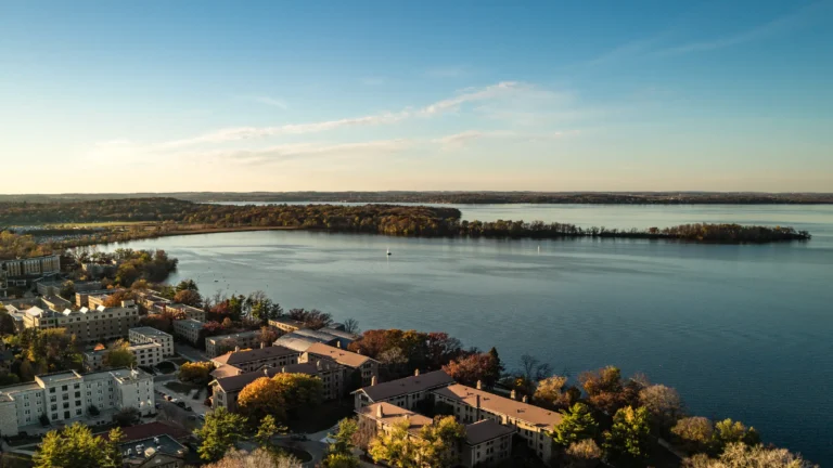 Aerial view overlooking the UW–Madison Lakeshore Nature Preserve.