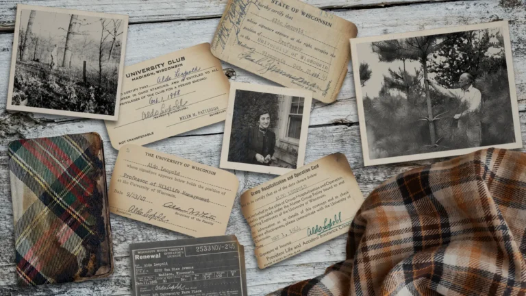 Collage banner that includes items that were physically on Aldo Leopold when he passed away in 1948.