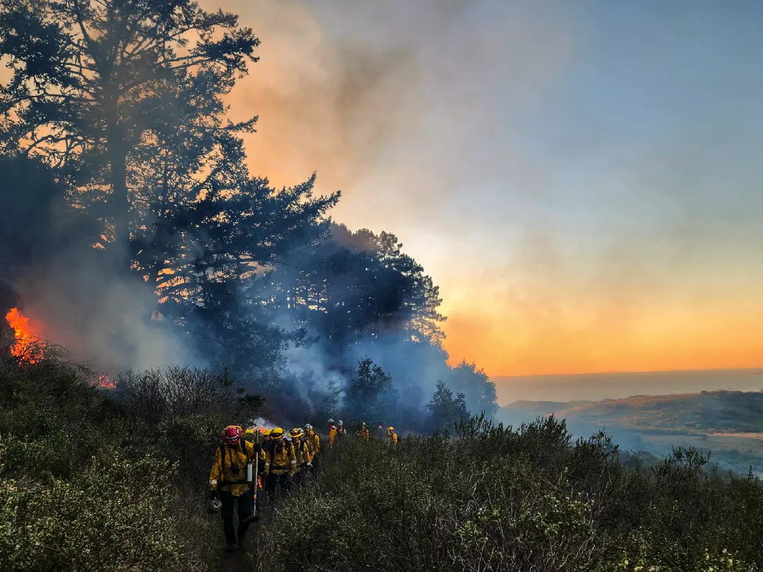 Crewmembers patrol a prescribed burn unit during operations at Sonoma Coast State Park near Jenner, CA in Winter 2025.