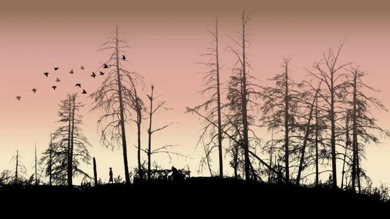 Digital illustration of a gloomy silouetted forest with colored sky gradient behind.