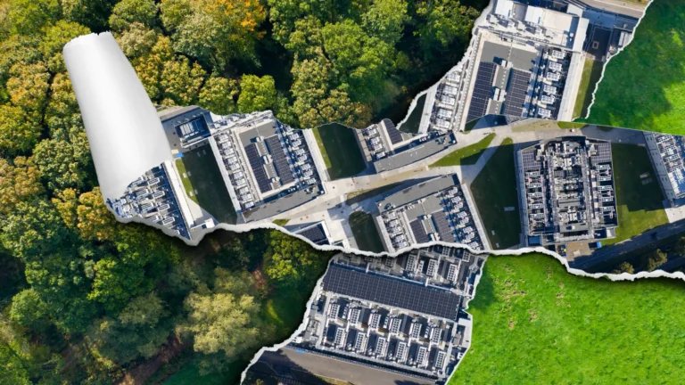 Datacenter overlayed on paper texture over top of forest and grassland