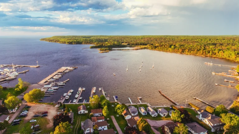 Aerial view of a bay on the Great Lakes.