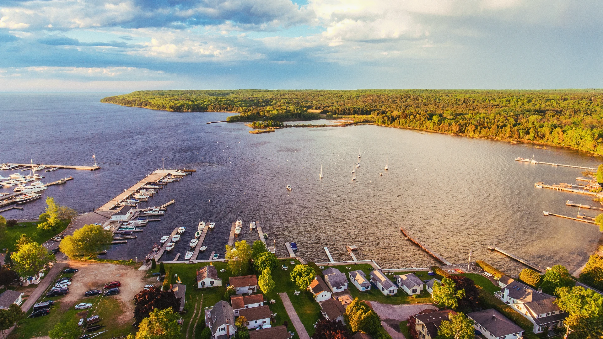 Aerial view of a bay on the Great Lakes.
