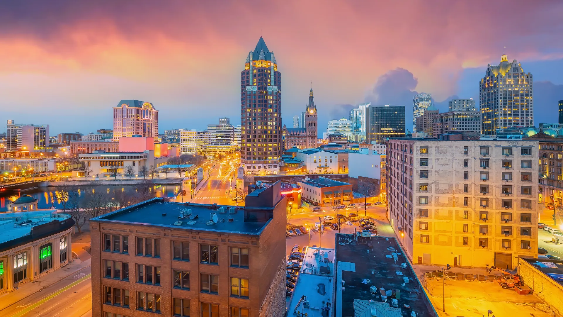 View of Milwaukee skyline at night.