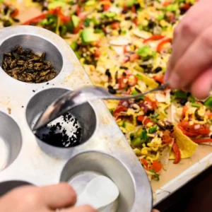 Participants sprinkle a mix of dried insect ingredients on a sheet of nachos being made during a Cooking with Insects workshop held in the kitchen of the Food Applications Lab in Babcock Hall. Photo by Jeff Miller