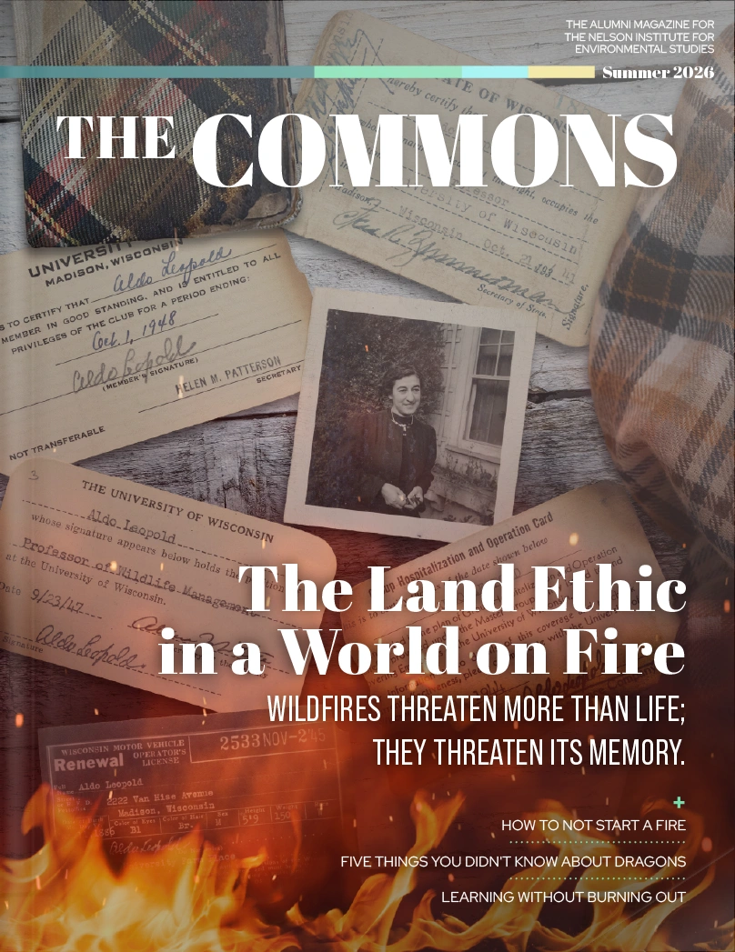 Cover image of The Commons magazine, showing a collage of photos from Aldo Leopold's collection with encroaching flames..
