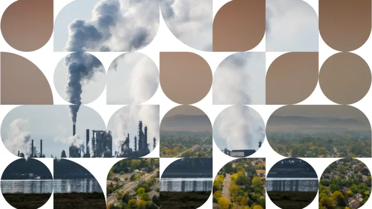 Composite image of hazy wildfire smoke and industrial pollution