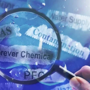 Illustration of a magnifying glass over words including forever chemicals, PFAS, and contamination.
