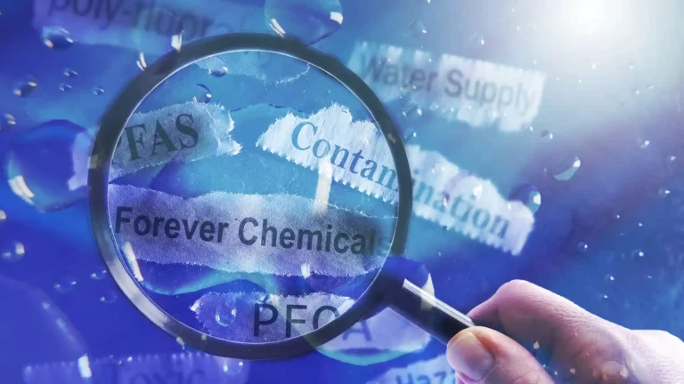 Illustration of a magnifying glass over words including forever chemicals, PFAS, and contamination.