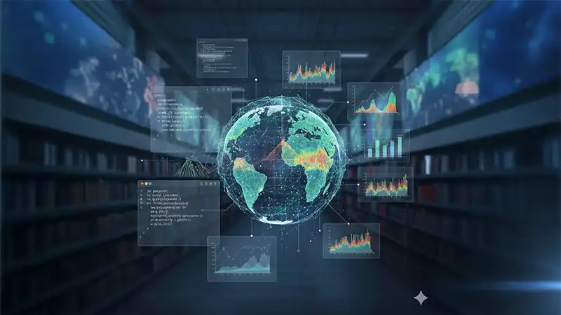 Digital globe surrounded by floating data charts and code in a dark library, symbolizing global data analytics and visualization.