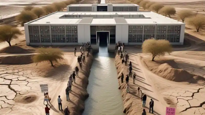An AI-generated illustration of a large, modern, white rectangular building in a dry, cracked desert landscape, with a narrow, water-filled channel leading up to its entrance, flanked by a crowd of people.