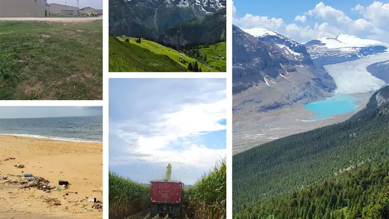 A collage of images showing mountain vistas, a polluted beach, and a farm tractor harvesting corn.