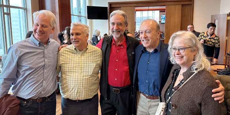 Past and current leaders of the Wisconsin Coastal Management Program celebrate Vargas (center) at his retirement party. L-R: Travis Olson, Mike Friis, Vargas, Oscar Herrera, Dea Larsen-Converse. Photo courtesy of Alberto Vargas