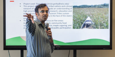 Ankur Desai introduces a student-led demonstration of monitoring equipment at an Earth Fest 2024 event. Photo by Sirtaj Grewel / SMPH Media Solutions