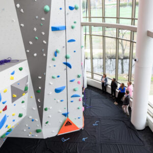 Natural light was an important part of the Bakke’s design, but so was keeping its avian neighbors safe. A small grid of semi-transparent dots can be seen on all of Bakke’s floor-to-ceiling windows to help prevent bird strikes. Photo by Althea Dotzourr, University Communications