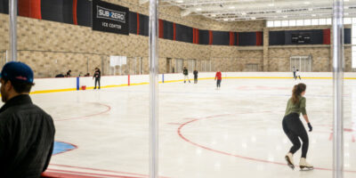 Bakke’s Sub-Zero Ice Center has a few rare features, like windows to let in natural light (seldom seen in American ice rinks, but popular across Europe) and electric-powered ice resurfacers — the first of their kind in the state. Photo by Althea Dotzour, University Communications