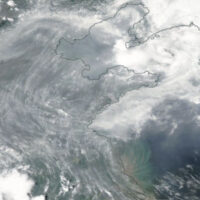 his image from NASA WorldView shows pollution from China interacting with clouds over the Yellow Sea west of the Korean Peninsula. Credit: NASA WorldView (https://worldview.earthdata.nasa.gov)