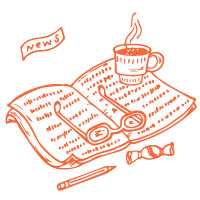 Cup of coffee, a magazine and a pencil