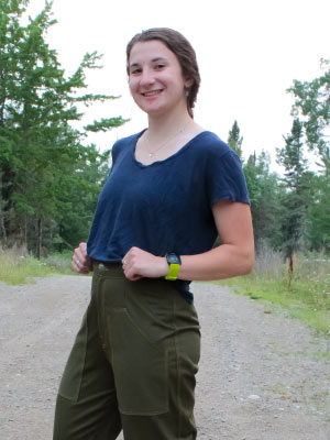 Klein modeling pants she made inspired by the Northwoods of Minnesota. Photo credit: Ryn Haaversen