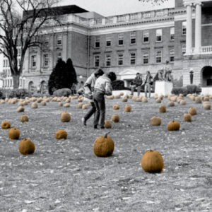 Students pick pumpkins from Bascom Hill. Bascom Hall is in the background, ca. 1982. Photo courtesy of UW Archives / Smith, Gary E.