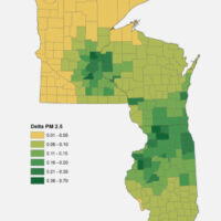 Improvement in ambient fine particulate PM2.5 (ug/m3) in response to a policy scenario eliminating 100% of power plant and 60% of light-duty gasoline vehicle emissions. Photo credit: The Holloway Group