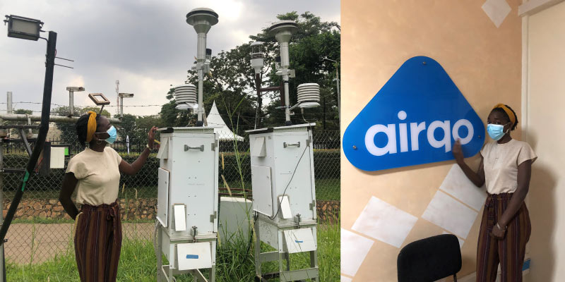Lsoto views two air quality reference monitors owned by AirQo located at Makerere University weather station. The two reference monitors bring the total number of reference monitors to three in the country including the first one owned by and housed at the US embassy. The two reference monitors are used to calibrate the low-cost air quality monitors. Photo credit: Dorothy Lsoto
