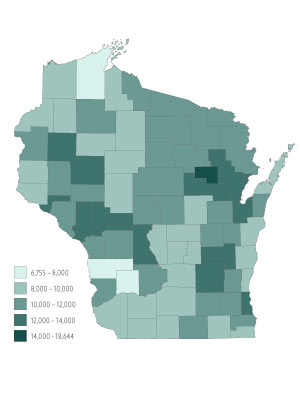 Map of Wisconsin by county Covid-19 positives per 100,000 people.
