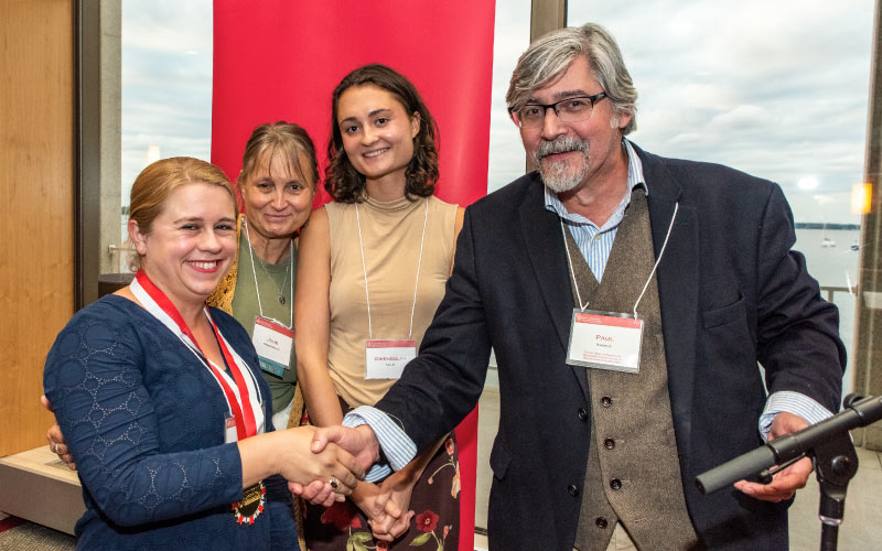 With members of the Hanson family there to celebrate, Andrea Hicks was honored as the Hanson Family Fellow in Sustainability. L-R: Hicks, Julie Hanson-Kelley, Gwendolyn Kelley, Paul Robbins. Photo credit: Ingrid Laas