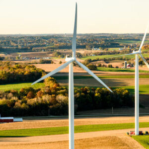 Windmill turbines in rural Wisconsin farm land northeast of Madison near Baraboo are pictured in an early morning aerial taken from a helicopter on Oct. 23, 2018. Photo by Bryce Richter / UW–Madison
