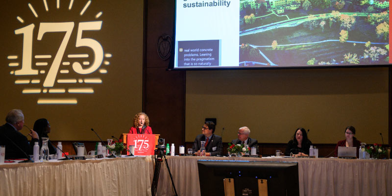 Chancellor Jennifer Mnookin introduces sustainability initiatives during a UW Board of Regents meeting hosted at Union South in February. Photo by Althea Dotzour / UW–Madison