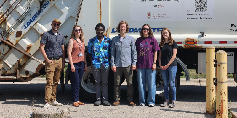 Thanks to Jim Weinert’s gift, a team of Green Fund students are working with UW–Madison and City of Madison staff to pilot the use of renewable diesel in UW–Madison Waste and Recycling garbage trucks to reduce carbon emissions. Photo by Lauren Graves, UW–Madison