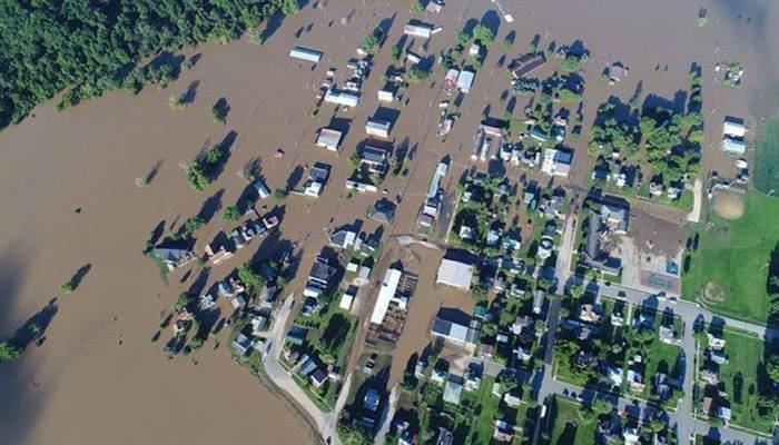 Aerial view of a flooded city