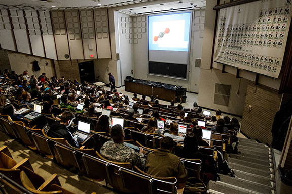 Students in a lecture hall during the Environmental Studies 126 class