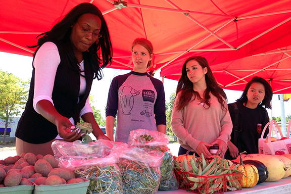 Four people looking through vegetables at a farmers market