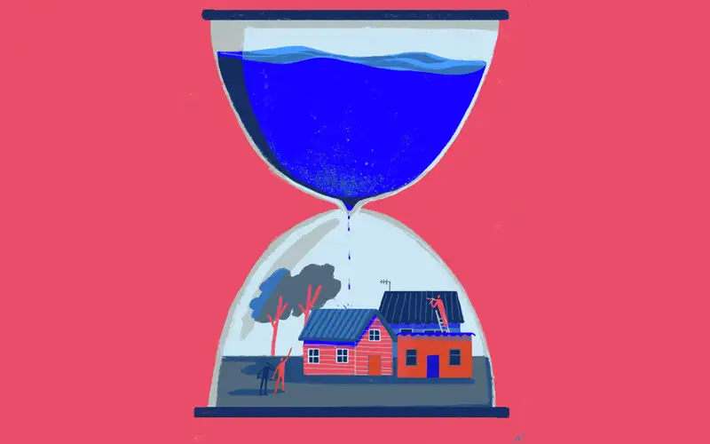 Illustration of an hourglass with water in its top half dripping down onto two small houses in the bottom half.