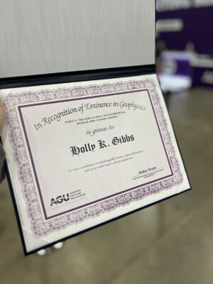 An award certificate recognizing Holly Gibbs with the Piers J. Sellers Global Environmental Change Mid-Career Award.