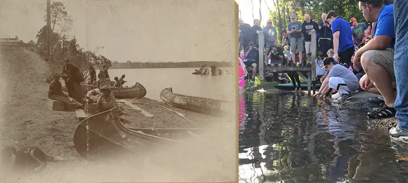 Collage of two lakeside scenes during sturgeon season; one from the late 19th century and the other from current day.