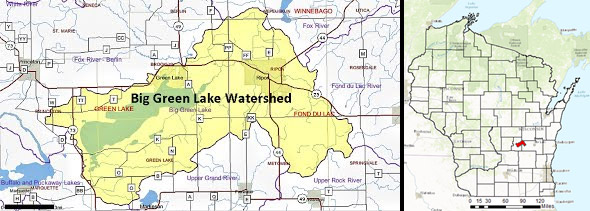 map of wisconsin showing a detail of the area withing the big green lake watershed, and area including areas of Green Lake, Fond Du Lac and Winnebego counties.