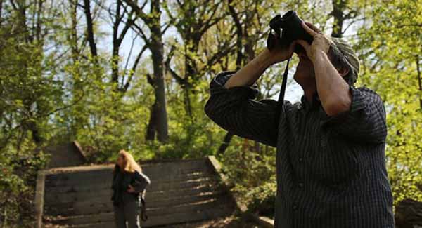 A person using binoculars to look up at wildlife in a park in New York City