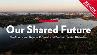 Aerial view of the Madison isthmus with "Our Shared Future" text overlay