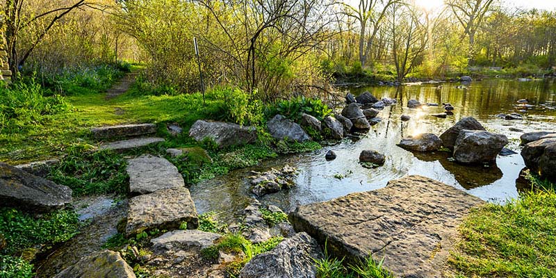 A calm, rocky stream surrounded by green space and a walking path