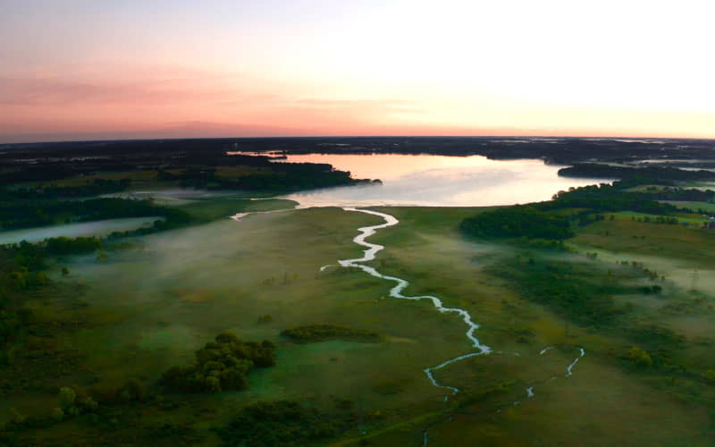 Aerial view of Waubesa wetlands at sunset