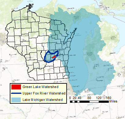 Map of Wisconsin and Michigan showing the Lake Michigan, Green Lake and Upper Fox River watersheds