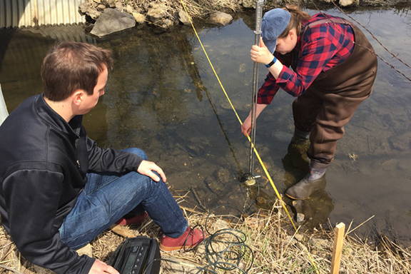 Students taking stream measurements